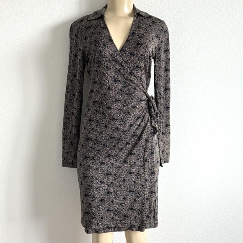 Banana Republic Silk Blend Wrap Dress XS Floral Line Art Midi Whimsical Coquette